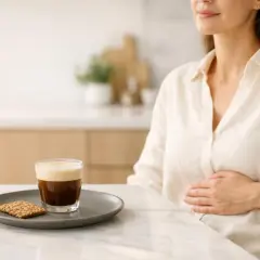 Donna incinta con un caffè. La differenza tra caffellatte e latte macchiato è un dettaglio per gustare la colazione.