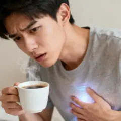 Giovane uomo con tazza di caffè fumante, preoccupato per i sintomi di intolleranza al caffè, con un'aura luminosa sul petto.