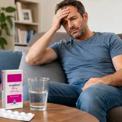Uomo con mal di testa, sul tavolino Tachipirina e un bicchiere d'acqua. Forse un caffè per tirarsi su.