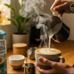 Un barista prepara un cappuccino con latte di soia, versando la schiuma in una tazza con un disegno a cuore.