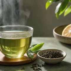 Tazza di tè verde fumante, con foglie e limone. Un aiuto naturale per il colesterolo.