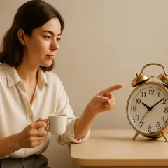 Donna con tazza di caffè indica una sveglia, pensando ai benefici del caffè per iniziare la giornata con energia.