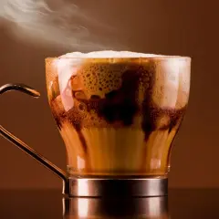 Un delizioso marocchino bevanda fumante in una tazza di vetro trasparente, con schiuma cremosa e striature di cioccolato.