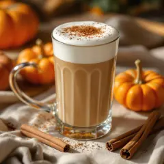Un bicchiere di **pumpkin latte** cremoso, spolverato di cannella, circondato da piccole zucche arancioni e bastoncini di cannella.