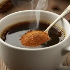 Cucchiaio con cannella in polvere sopra una tazza di caffè fumante. Scopri le cannella proprietà per un risveglio aromatico.