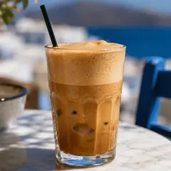 Un bicchiere di cafe frappe freddo con schiuma densa, ghiaccio e una cannuccia nera, su un tavolo di marmo con sfondo sfocato di mare e case bianche.