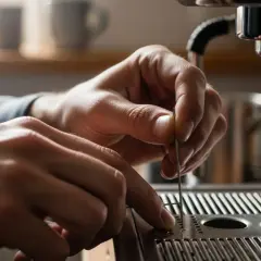 Mani che cercano di sbloccare la macchina del caffè con uno strumento sottile.