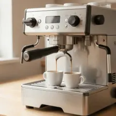 Macchina da caffè in acciaio inox che eroga due espresso in tazzine bianche. Perfetta per evitare che il caffè scenda troppo veloce.
