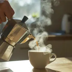 La moka versa caffè fumante in una tazza. Ecco come si prepara il caffè per iniziare la giornata.