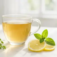 Tazza di tisana drenante con limone e menta. Informarsi sulle tisana drenante controindicazioni prima dell'uso.