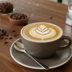 Un flat white cos'è? Un caffè cremoso con latte art, servito in una tazza grigia, con chicchi di caffè sparsi e una moka sullo sfondo.