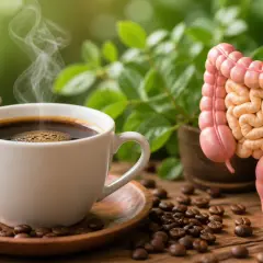 Tazza di caffè fumante accanto a un modello di intestino. Il caffè stringe, ma la natura intorno è rigogliosa.