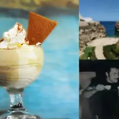 Un delizioso caffè speciale ricetta, con panna e biscotti, accanto a un panorama marino e una foto d'epoca.