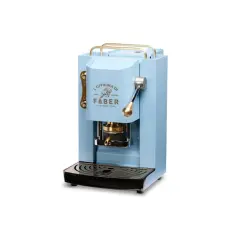 Macchina Faber color azzurro, con logo "L'Officina di Faber", pronta per un caffè ma non esce acqua.
