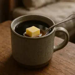 Un cubetto di burro galleggia su un cucchiaino immerso in una tazza di caffè caldo, su un tavolo di legno.
