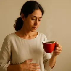 Donna con mano sullo stomaco tiene una tazza di caffè fumante. Il caffè a stomaco vuoto fa male, e lei sembra sentirlo.