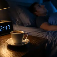 Un uomo a letto, sveglio, guarda una tazza di caffè fumante sul comodino. L'orologio digitale segna le 02:47. Sembra che il caffè non faccia dormire.