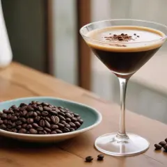 Un bicchiere di espresso martini, guarnito con chicchi di caffè, accanto a una ciotola di chicchi tostati. Perfetto per le ricette caffè speciali per bar.