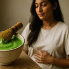 Donna con le mani sulla pancia, accanto a una ciotola di tè verde matcha, bevanda che aiuta a ridurre il grasso addominale.
