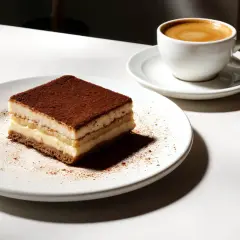 Una fetta di tiramisù al caffè, cosparsa di cacao, su un piatto bianco, accanto a una tazzina di caffè fumante.