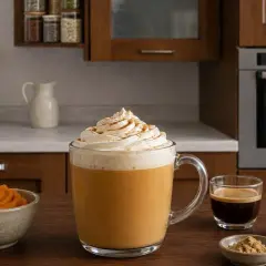 Un delizioso pumpkin spice latte Starbucks, con panna montata e cannella. Ingredienti per la ricetta in ciotoline: purea di zucca, caffè, cannella, zenzero e chiodi di garofano.