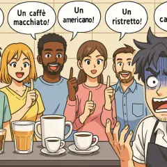 Al bar, un cliente ordina un caffè macchiato freddo, ma il barista è sopraffatto dalle richieste.