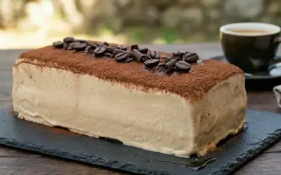 La mattonella della nonna al caffè, ricoperta di cacao e chicchi di caffè, pronta per essere gustata con un espresso.