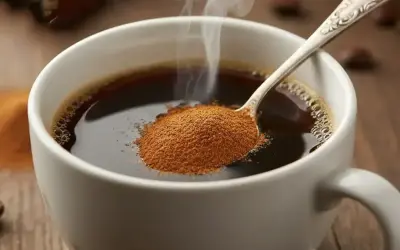 Cucchiaio con cannella in polvere sopra una tazza di caffè fumante. Scopri le cannella proprietà per un risveglio aromatico.