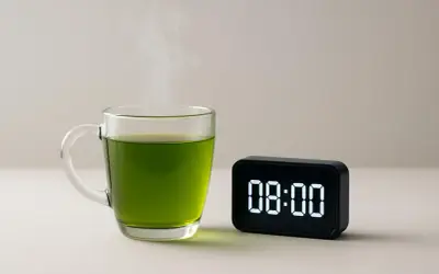 Un bicchiere di tè verde fumante, perfetto per iniziare la giornata alle 8:00.