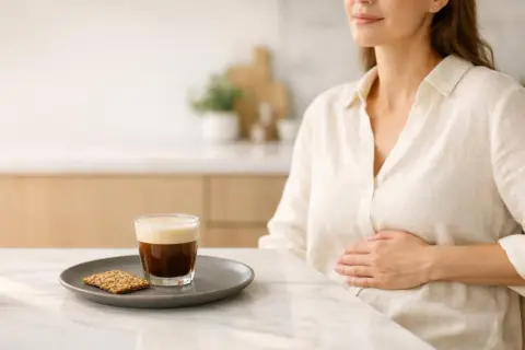 Donna incinta con un caffè. La differenza tra caffellatte e latte macchiato è un dettaglio per gustare la colazione.