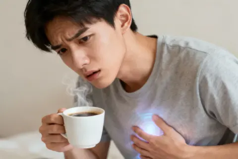 Giovane uomo con tazza di caffè fumante, preoccupato per i sintomi di intolleranza al caffè, con un'aura luminosa sul petto.