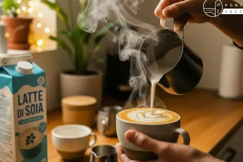 Un barista prepara un cappuccino con latte di soia, versando la schiuma in una tazza con un disegno a cuore.