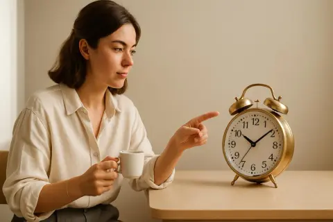 Donna con tazza di caffè indica una sveglia, pensando ai benefici del caffè per iniziare la giornata con energia.