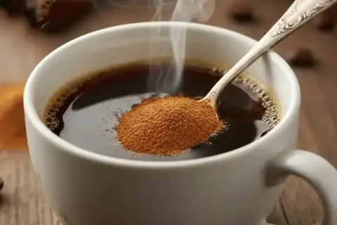 Cucchiaio con cannella in polvere sopra una tazza di caffè fumante. Scopri le cannella proprietà per un risveglio aromatico.