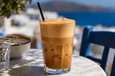 Un bicchiere di cafe frappe freddo con schiuma densa, ghiaccio e una cannuccia nera, su un tavolo di marmo con sfondo sfocato di mare e case bianche.