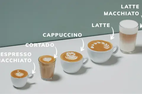Espresso macchiato, cortado, cappuccino, latte e latte macchiato: una carrellata di caffè con latte, dal più piccolo al più grande.