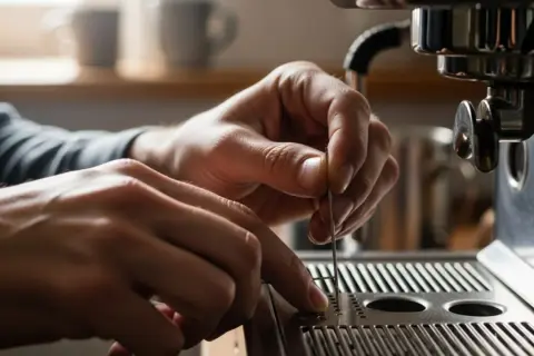 Mani che cercano di sbloccare la macchina del caffè con uno strumento sottile.
