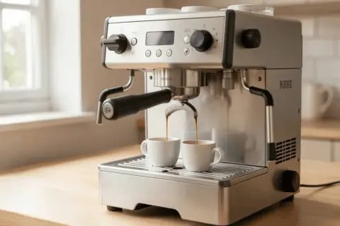 Macchina da caffè in acciaio inox che eroga due espresso in tazzine bianche. Perfetta per evitare che il caffè scenda troppo veloce.