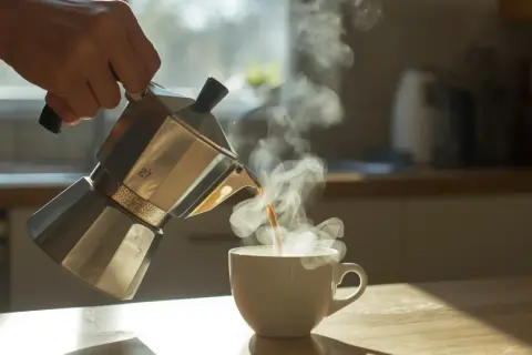 La moka versa caffè fumante in una tazza. Ecco come si prepara il caffè per iniziare la giornata.