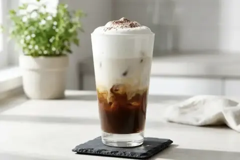 Un bicchiere alto con caffè freddo, latte e schiuma, cosparso di cacao. Ecco come si fa il caffè macchiato perfetto per l'estate.