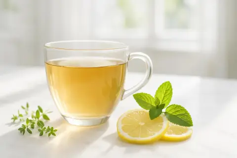 Tazza di tisana drenante con limone e menta. Informarsi sulle tisana drenante controindicazioni prima dell'uso.