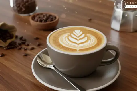Un flat white cos'è? Un caffè cremoso con latte art, servito in una tazza grigia, con chicchi di caffè sparsi e una moka sullo sfondo.