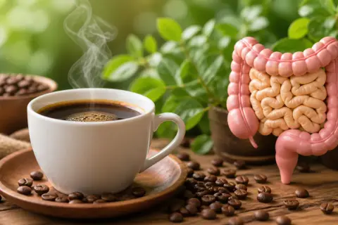 Tazza di caffè fumante accanto a un modello di intestino. Il caffè stringe, ma la natura intorno è rigogliosa.