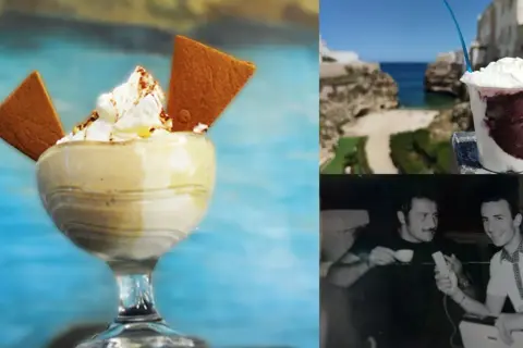 Un delizioso caffè speciale ricetta, con panna e biscotti, accanto a un panorama marino e una foto d'epoca.