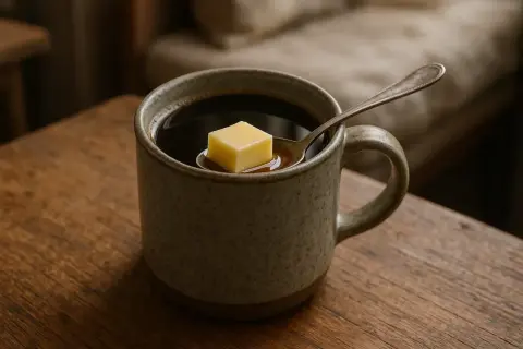 Un cubetto di burro galleggia su un cucchiaino immerso in una tazza di caffè caldo, su un tavolo di legno.