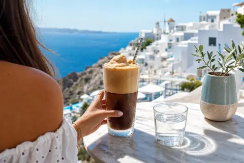 Una mano tiene un bicchiere di caffè greco freddo con schiuma abbondante, con vista su un villaggio bianco sul mare.