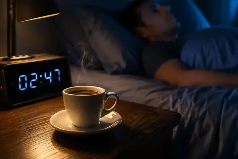 Un uomo a letto, sveglio, guarda una tazza di caffè fumante sul comodino. L'orologio digitale segna le 02:47. Sembra che il caffè non faccia dormire.