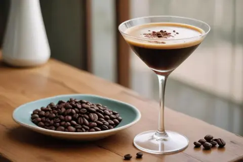 Un bicchiere di espresso martini, guarnito con chicchi di caffè, accanto a una ciotola di chicchi tostati. Perfetto per le ricette caffè speciali per bar.