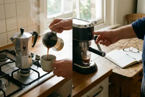 Momenti di relax: preparare e gustare un buon caffè, sia con la moka che con la macchina espresso, per iniziare la giornata con energia.