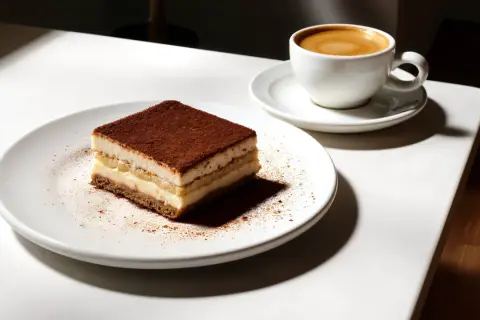 Una fetta di tiramisù al caffè, cosparsa di cacao, su un piatto bianco, accanto a una tazzina di caffè fumante.